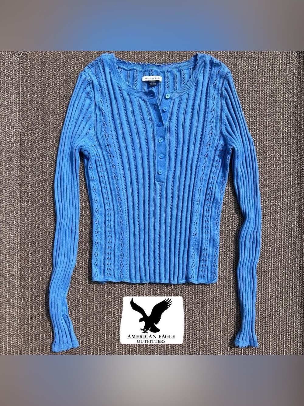 American Eagle Blue Pointelle Ribbed Henley Sweater Top M
